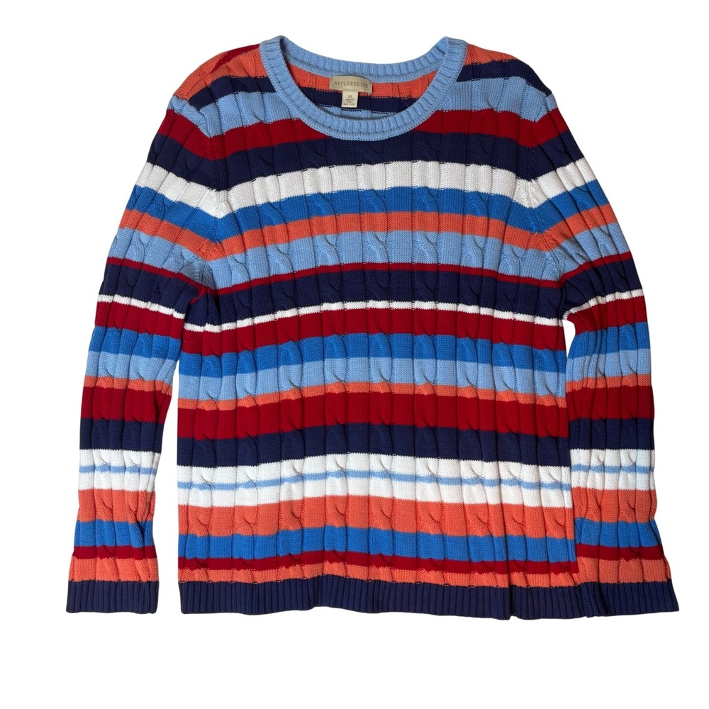 Appleseeds Striped Cable Knit Cotton Sweater Womens XL Colorful‎ Rtro